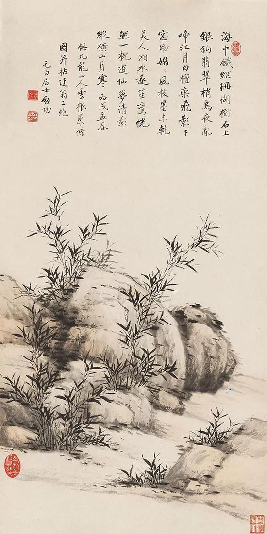 LOT.315 启 功 抚九龙山人云根藂篠图 设色纸本 立轴 1946年作