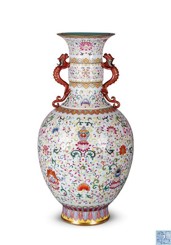 清乾隆粉彩八吉祥双螭龙耳瓶 高:62cm