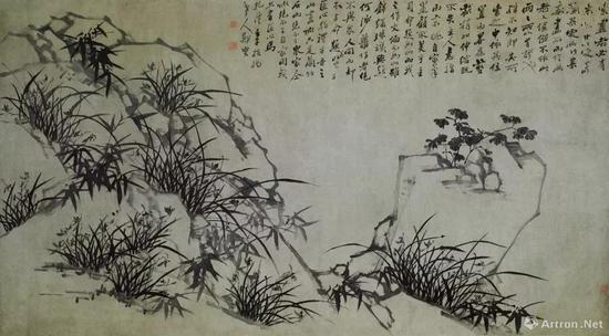 ▲郑燮 兰竹石图横幅 清乾隆二十七年(1762)纸本 墨笔