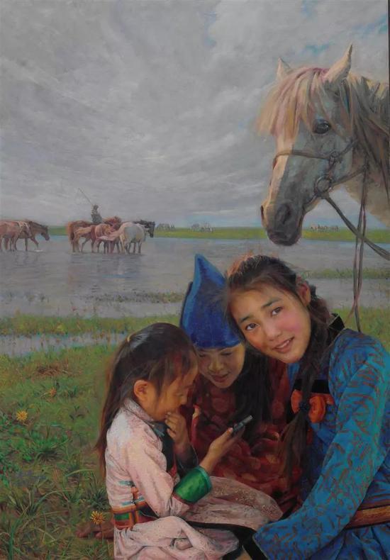 闲伴骏马戏水边 布面油画 162X112cm 2013年