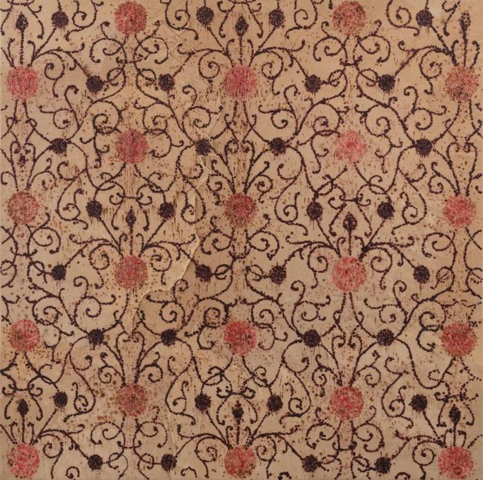 《皮与纹样-5》，木板上皮革、蜡、铜，180 × 180 cm，2023