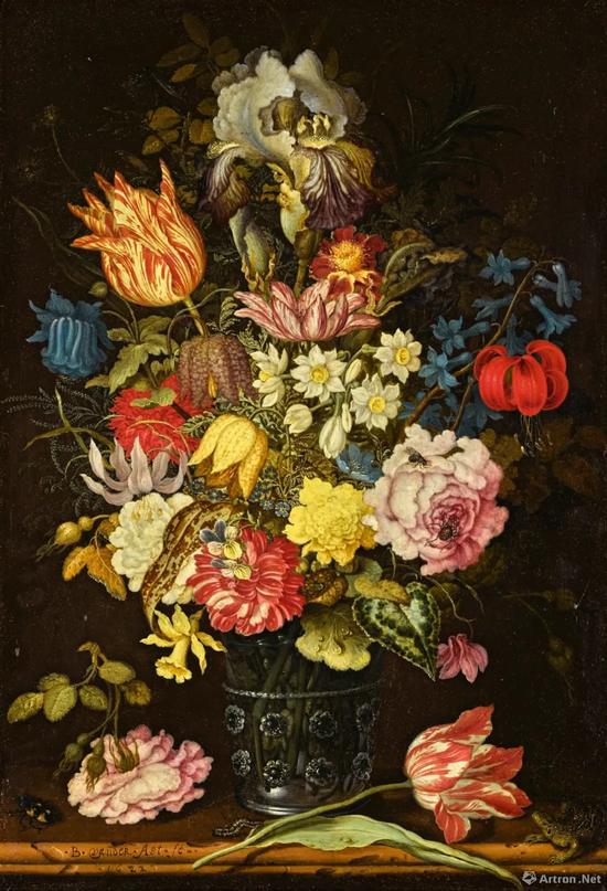 威廉·凡·迪姆收藏 巴尔萨泽·凡·德·阿斯特 (Balthasar van der Ast)《静物:石架上玻璃酒杯内的花卉、昆虫与蜥蜴》油彩铜版画 37.4x26cm 成交价:73万英镑