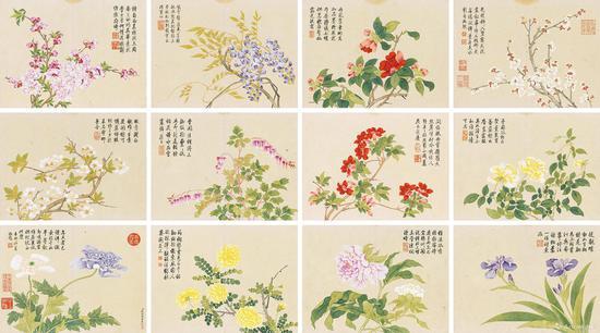 钱维城《花卉册》册页 (十二开)27.5×37cm×12