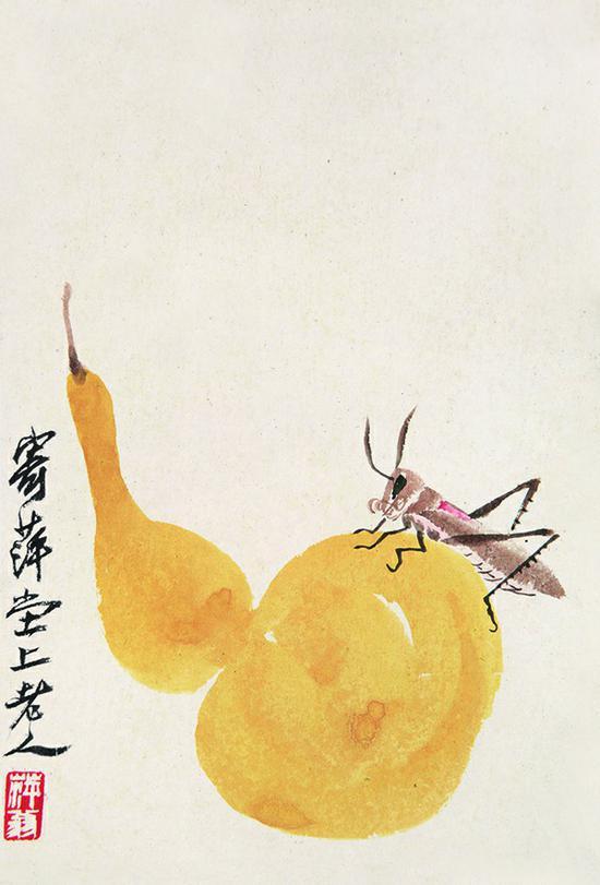 齐白石《葫芦秋虫》题识:寄萍堂上老人。钤印:萍翁