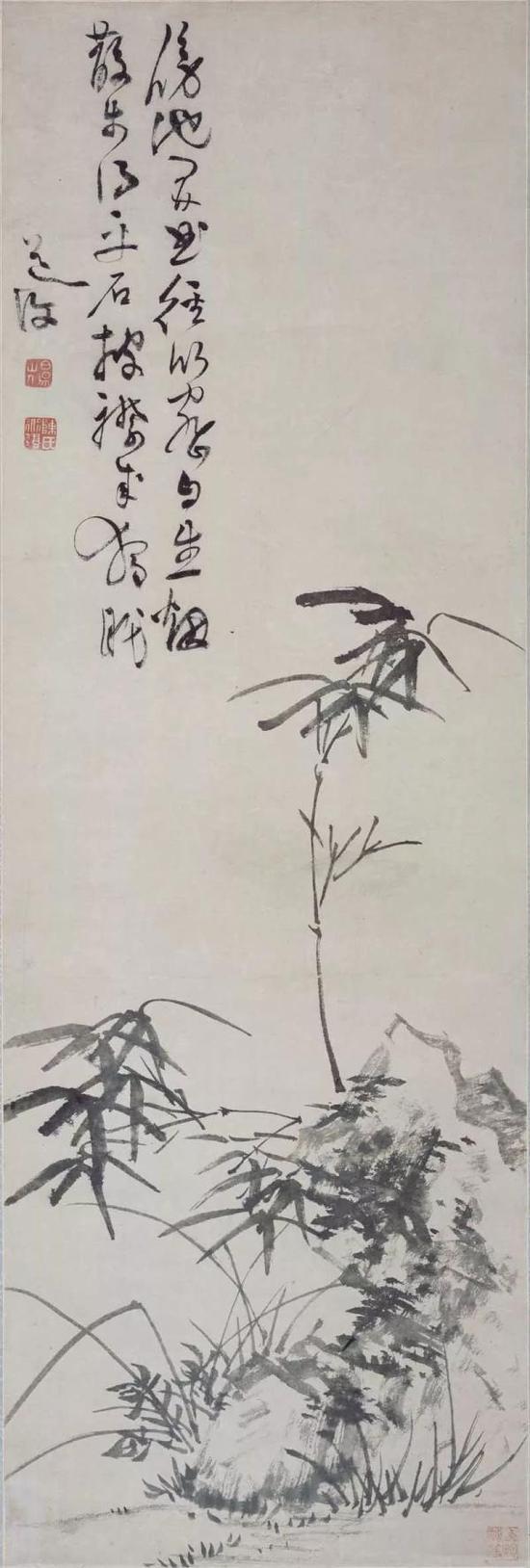明 陈淳 文徽明《兰竹石图轴》纸本墨笔 纵102.6厘米 橫34厘米 广东省博物馆藏
