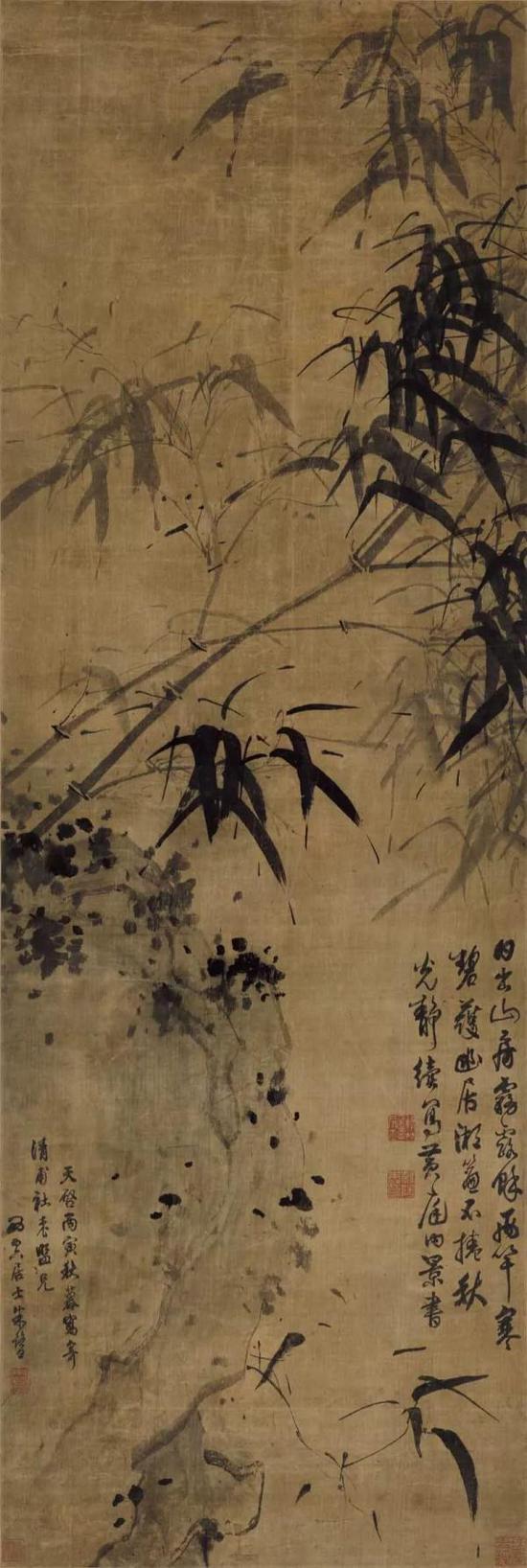 明 朱鹭《竹石图轴》 绫本墨笔 纵147.9厘米 橫49.6厘米 浙江省博物馆藏