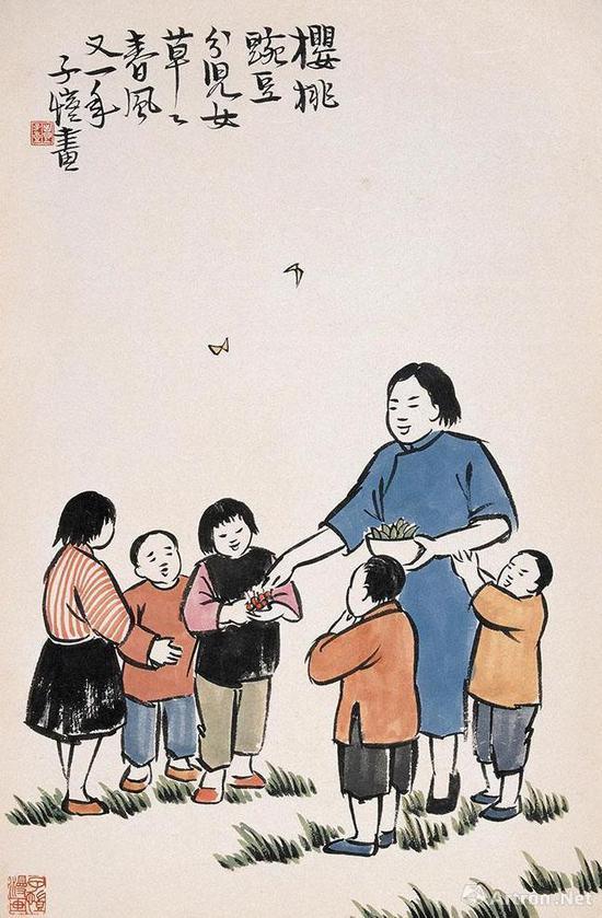 丰子恺 《古诗新画》之:樱桃豌豆分儿女,草草春风又一年