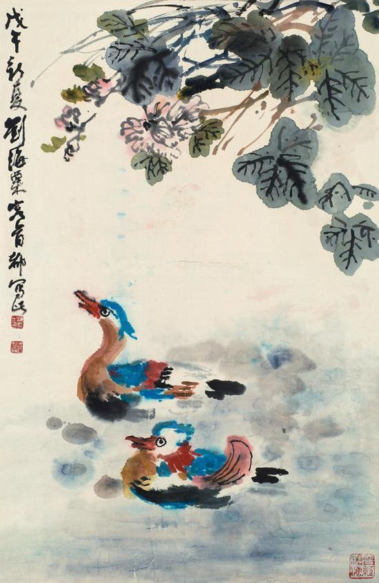 齐白石《荷花鸳鸯》镜框 设色纸本 约3.12平尺