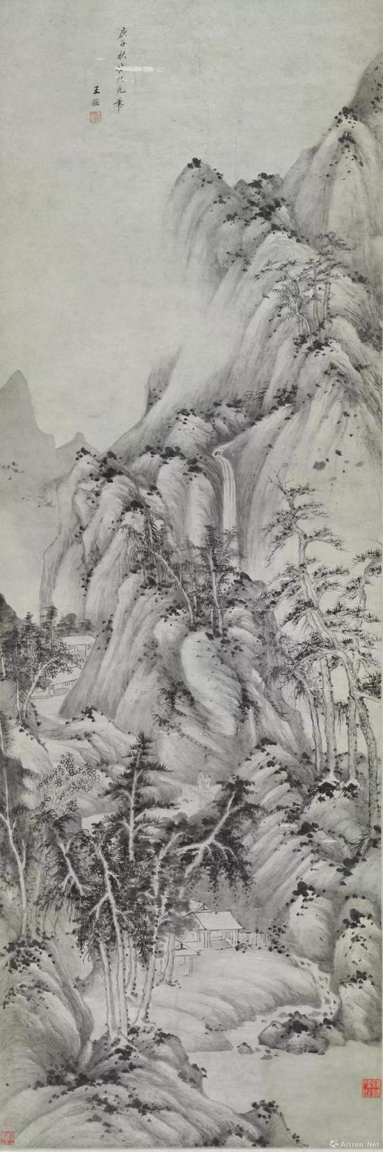 ▲王鉴 仿北苑山水轴 清顺治十七年(1660)纸本 墨笔