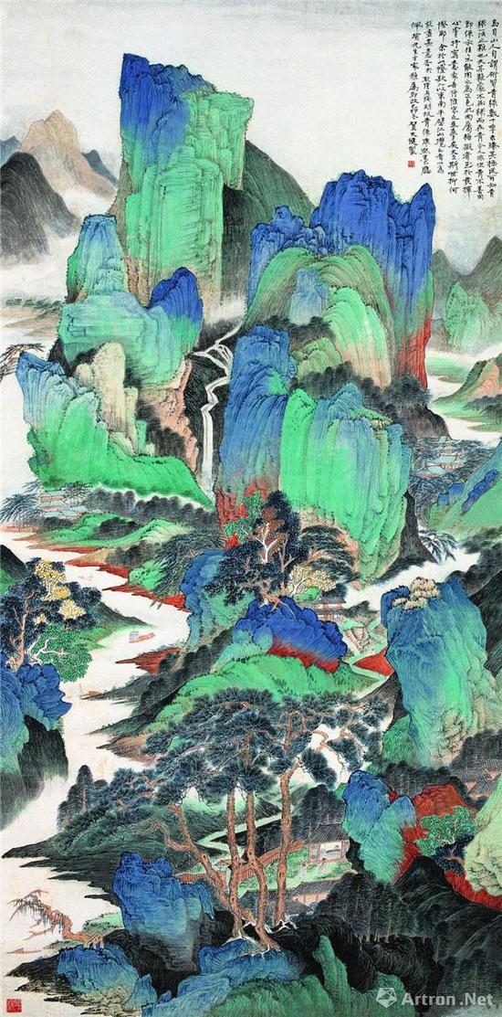 附图9。贺天健1939年作 江山揽胜 立轴(2002年上海敬华46.2万元成交)