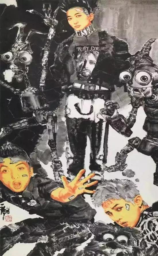 人工智能,被机器侵蚀 / 黄一瀚 / 纸本水墨 / 2017 年