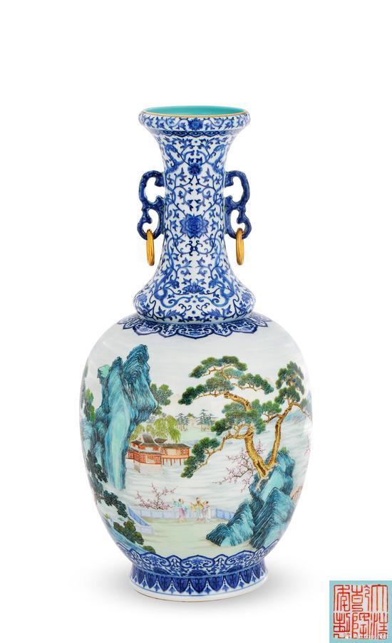清乾隆 御制青花夹洋彩通景“桃花源”图双耳活环大瓶 中国嘉德 成交价:5060万元