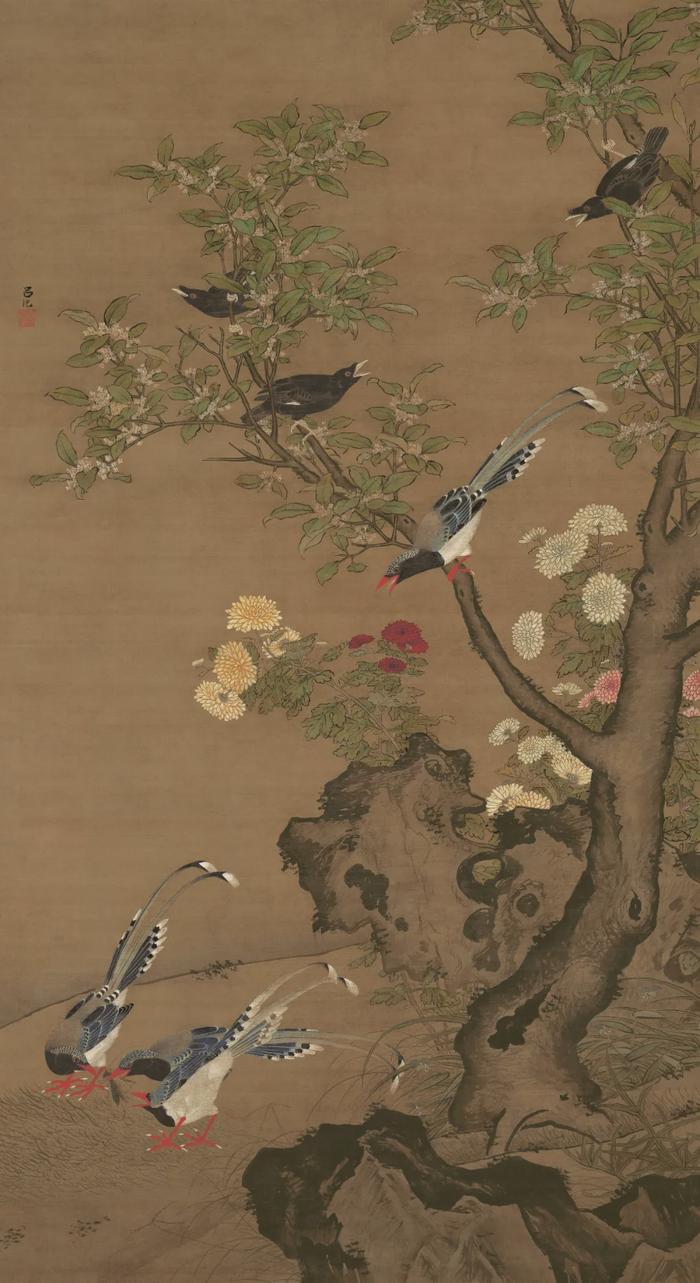 明 吕纪 桂菊山禽图