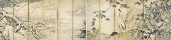 重要文化遗产 雪舟等杨画四季花鸟图屏风 室町时代(15世纪)京都国立博物馆藏