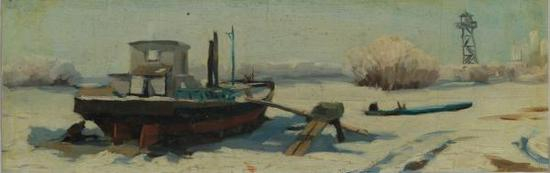 《乌苏里江上的驳船》,纸本油画 1974
