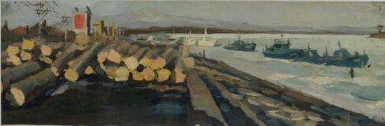 《饶河码头》,纸本油画,1974