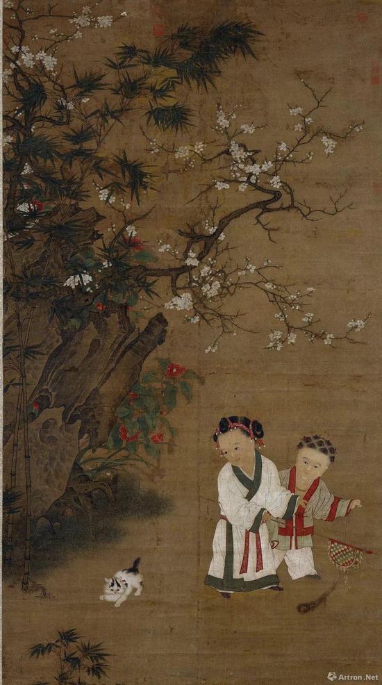 宋人《冬日婴戏图》绢本设色纵196.2cm,横107.1cm,现藏台北故宫博物院