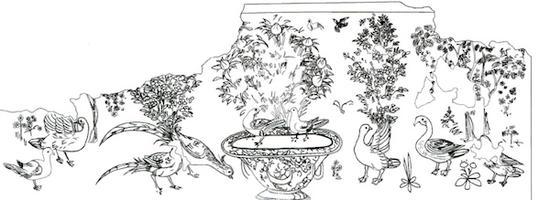 河南安阳郭燧夫妇墓壁画通景式花鸟屏风(线描图)