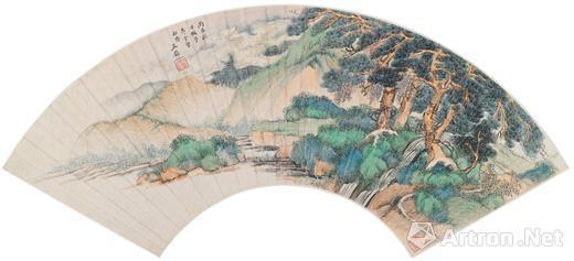 王鉴 仿赵子昂云壑松荫图 设色纸本扇页 纵31厘米 横59.5厘米 上海博物馆藏