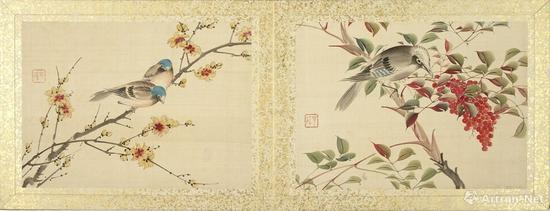 《腊梅山雀、天竺橿鸟》 迹见泷 明治四年(1871)
