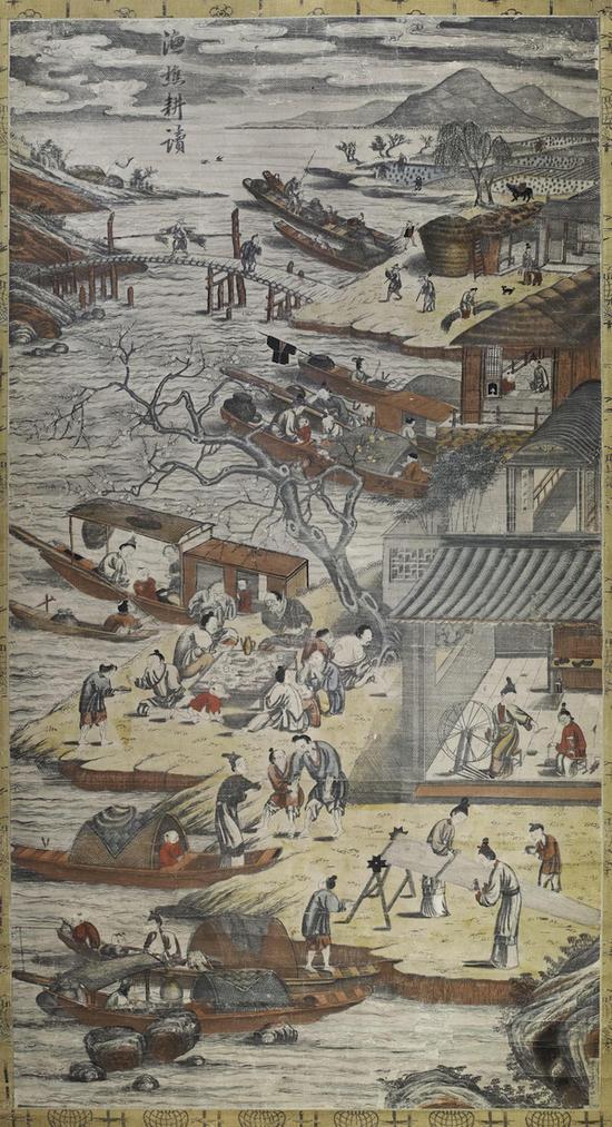 漁樵耕读图 106.5×57.0cm 墨版套⾊ 清乾隆