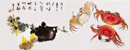 《菊黄蟹肥》(徐健20岁作,徐健画熟蟹,恩师王雪涛补成并题)