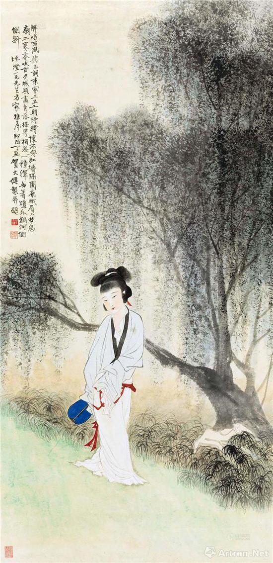 附图10。贺天健 1937年作 《柳下相思》 立轴(2013年匡时国际218.5万元成交)