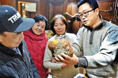 昨日,重庆楼兰古玉寻宝团团友聚在一起,玩赏比较各种金丝玉和玛瑙等奇石。 记者 杨新宇 摄