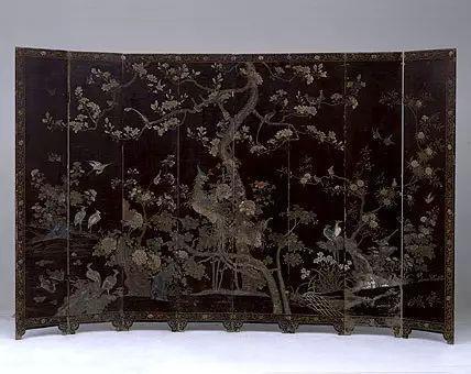 黑漆款彩百鸟朝凤图围屏 清早期 高218.5cm,长351cm