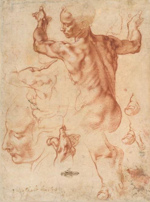 米开朗基罗,《利比亚女先知习作》(Studies for the Libyan Sibyl)(正面);《利比亚女先知习作及小型坐姿人像速写》(Studies for the Libyan Sibyl and a small Sketch for a Seated Figure)(背面),ca。 1510-1511。图片:大都会艺术博物馆