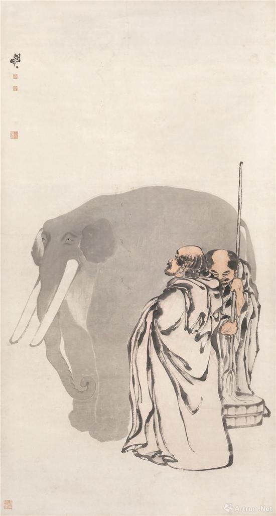 闵贞 《洗象图》轴 纸本设色 纵 224cm 横 120cm