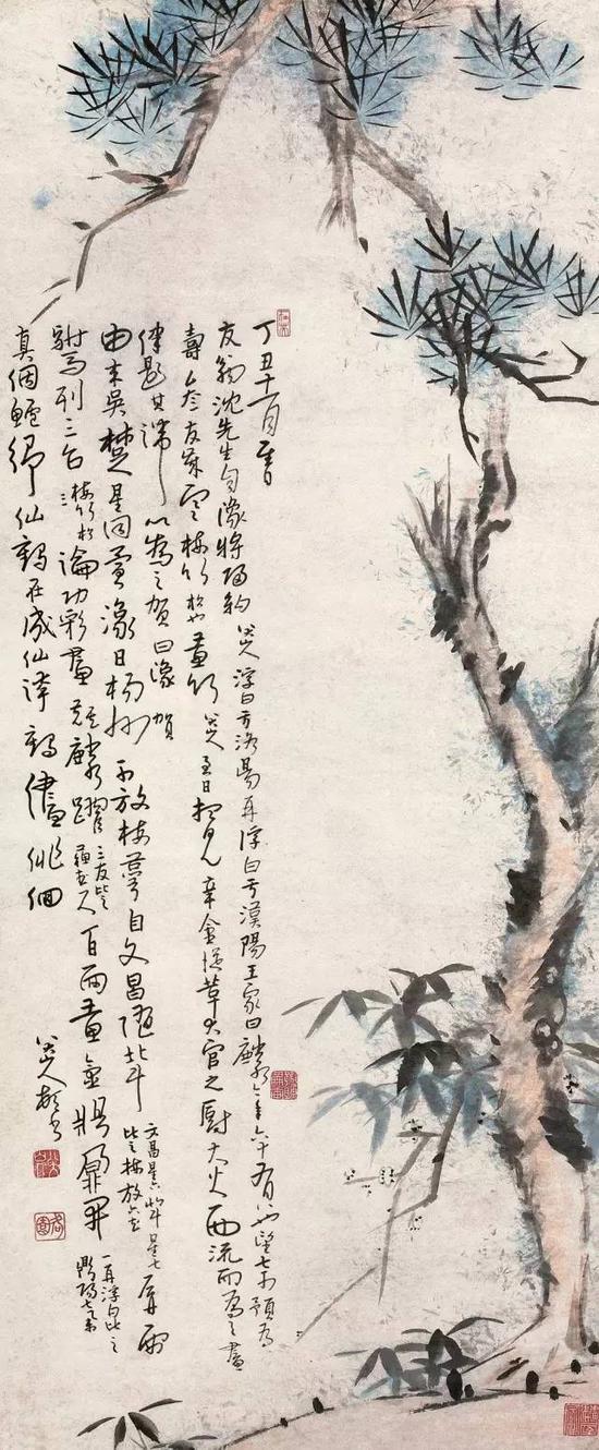 清 八大山人 1697年作 岁寒三友图 立轴 纸本设色 成交价2128万元