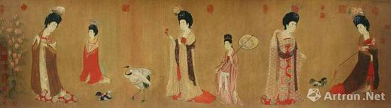 《簪花仕女图》,唐周昉,绢本设色 纵46厘米 横180厘米 辽宁省博物馆藏