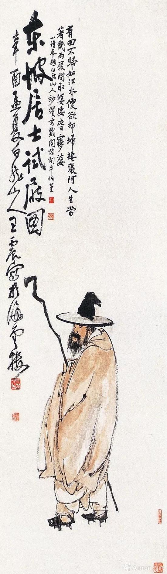 王震 《东坡试履图》 1921年作 108×38厘米 设色纸本