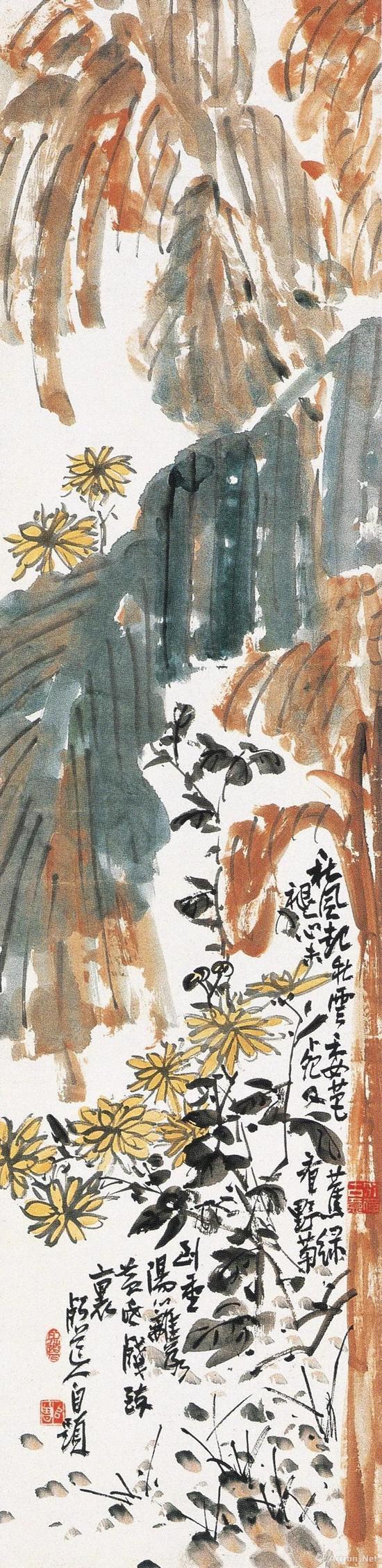 陈师曾 《芭蕉秋菊》 立轴 132×32.5厘米 设色纸本
