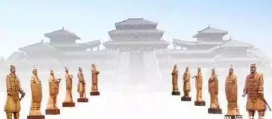 秦始皇统一六国后为防止人民反抗而尽收天下之兵所铸成之十二个大铜人像。