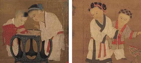《秋庭戏婴图》一对孩童弯身专注地拨玩枣磨; 《冬日婴戏图》一对孩童手舞足蹈地逗弄着小猫