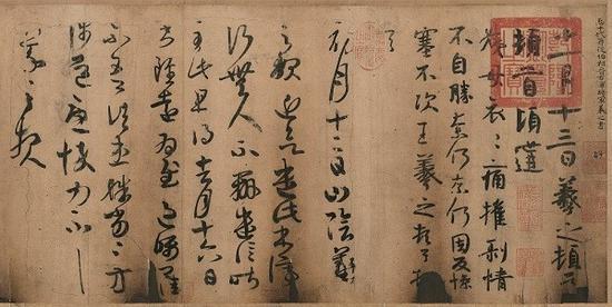 东晋 佚名 唐摹王羲之一门书翰(又称万岁通天帖)局部:王羲之《姨母帖》、《初月帖》