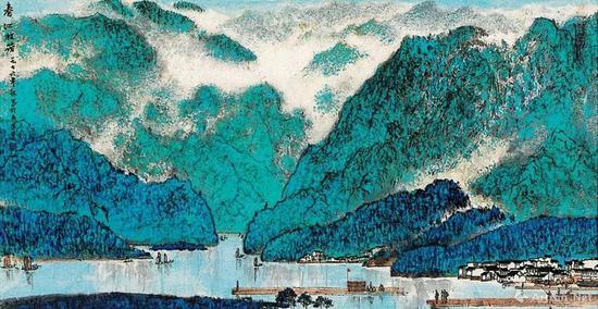 亚明《春江放筏》 镜心 64×120厘米 纸本设色