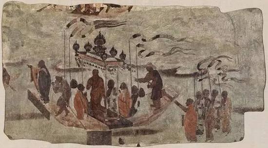 莫高窟第323窟佛教史迹画:八人乘船运送一尊佛像 哈佛福格艺术博物馆藏