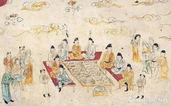 ▲唐人饮宴图壁画,出土于长安南里王村唐墓