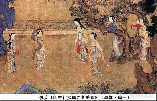 仇英的《四季仕女图》绢木,水墨,纵:29.6厘米,横:300.9厘米。