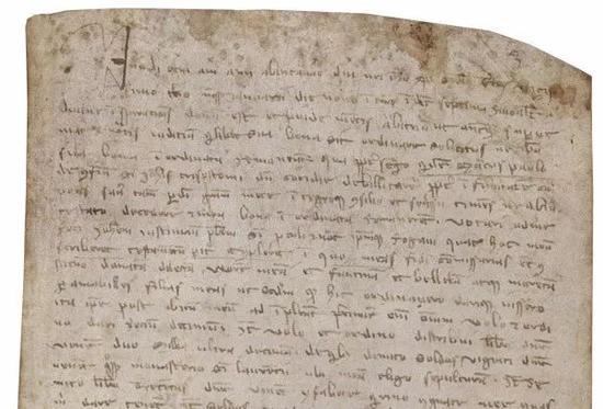 © Su concessione del Ministero dei Beni e delle Attività Culturali e del Turismo - Biblioteca Nazionale Marciana。 Divieto di riproduzione《马可波罗遗嘱》 (局部) 1323年 羊皮纸,墨笔 意大利马尔恰那国家图书馆藏