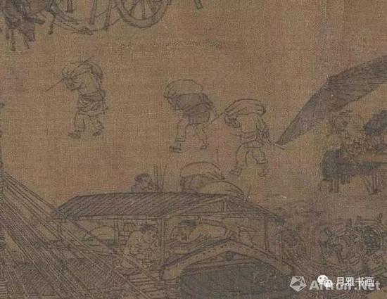 宋本《清明上河图》中的监工与搬运工,手中的竹签是计件发酬的凭证(图16)