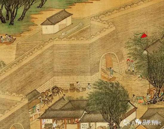 明本《清明上河图》:水门的防守倭寇的状况,城门上方的缺口是千斤闸(图12)