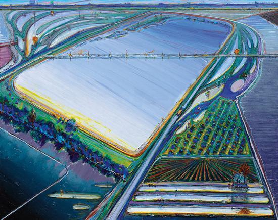 韦恩·第伯, 《Flood Waters》, 2006/13,布面油画,48 x 60 英寸(121.9 x 152.4 cm),私人收藏。图片: © WayneThiebaud / Licensed by VAGA,New York,NY