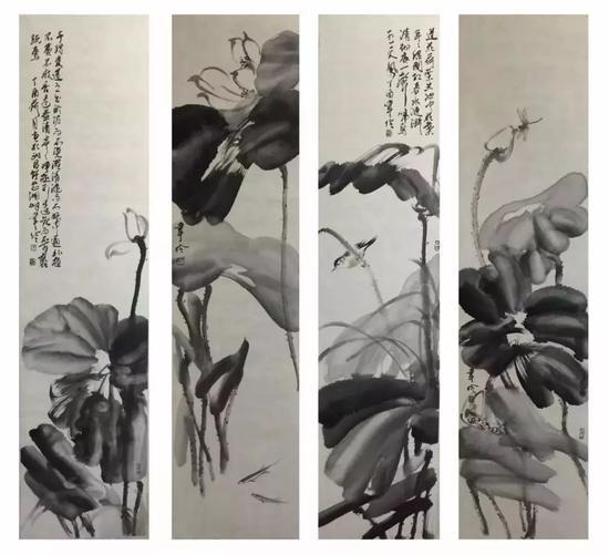 《荷风四条屏》