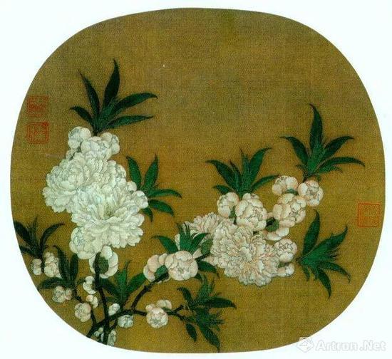 宋代佚名《碧桃图》绢本设色扇面 24.8×27厘米 北京故宫博物院藏