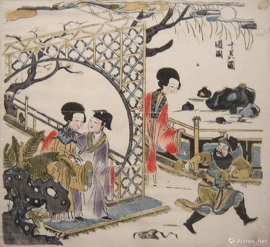 图1,《十美图・游园》,清康熙, 套印加手绘,产地:苏州,德累斯顿国家艺术博物馆版画陈列室(Kupferstich - kabinett, SKD)藏