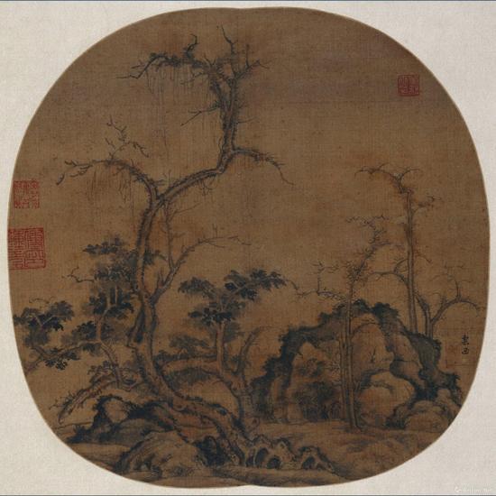 曹知白 《石树图团扇》 绢本淡设色扇面 27.4×27cm 大都会艺术博物馆藏